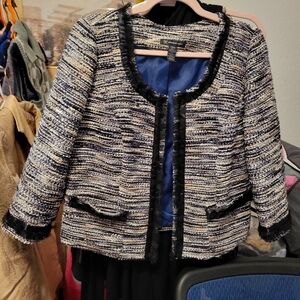 INC INTERNATIONAL CONCEPT Navy Blue, Cream & Black Tweed Fringe Jacket